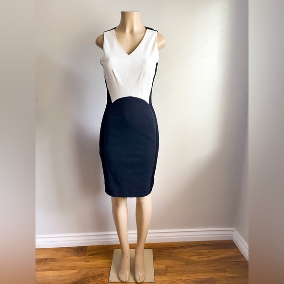 Vince Camuto Sheath Black Cream Career Formal Classy ColorBlock Sleeveless Dress - Picture 3 of 13